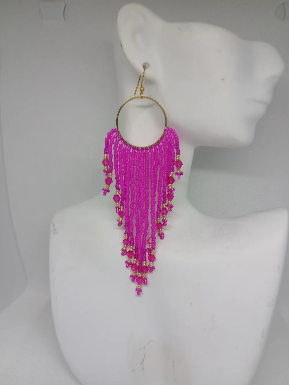 Gold Hoop Earrings with Hot Pink Beaded Fringe